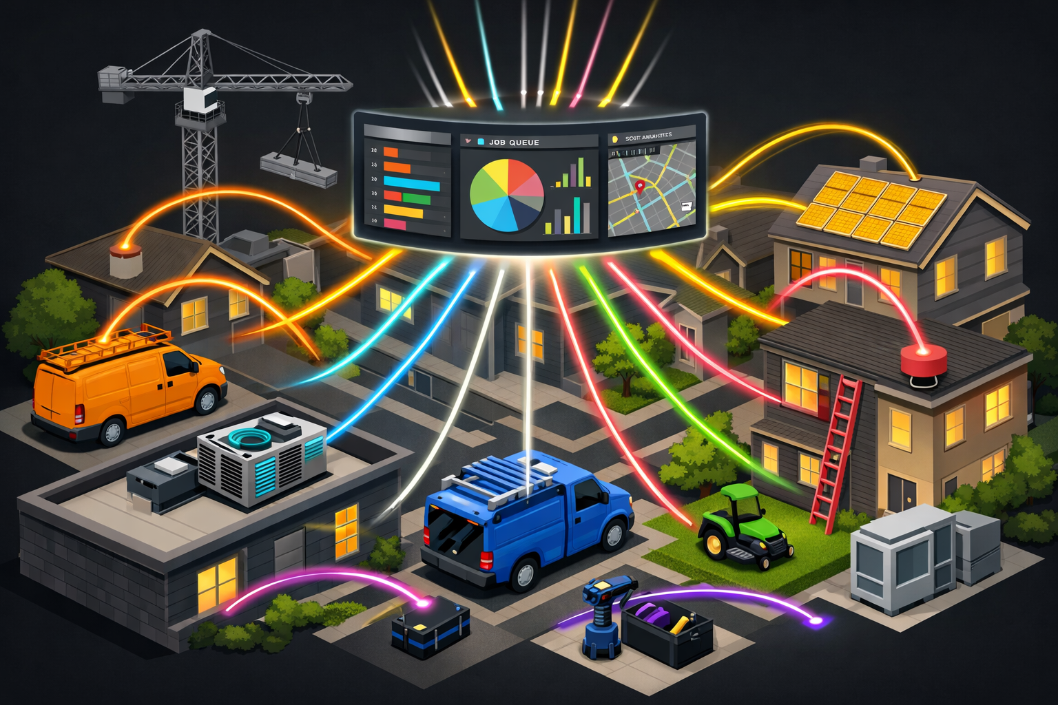 AI-resistant trades marketing hub illustration showing multiple trade businesses connected to digital marketing infrastructure