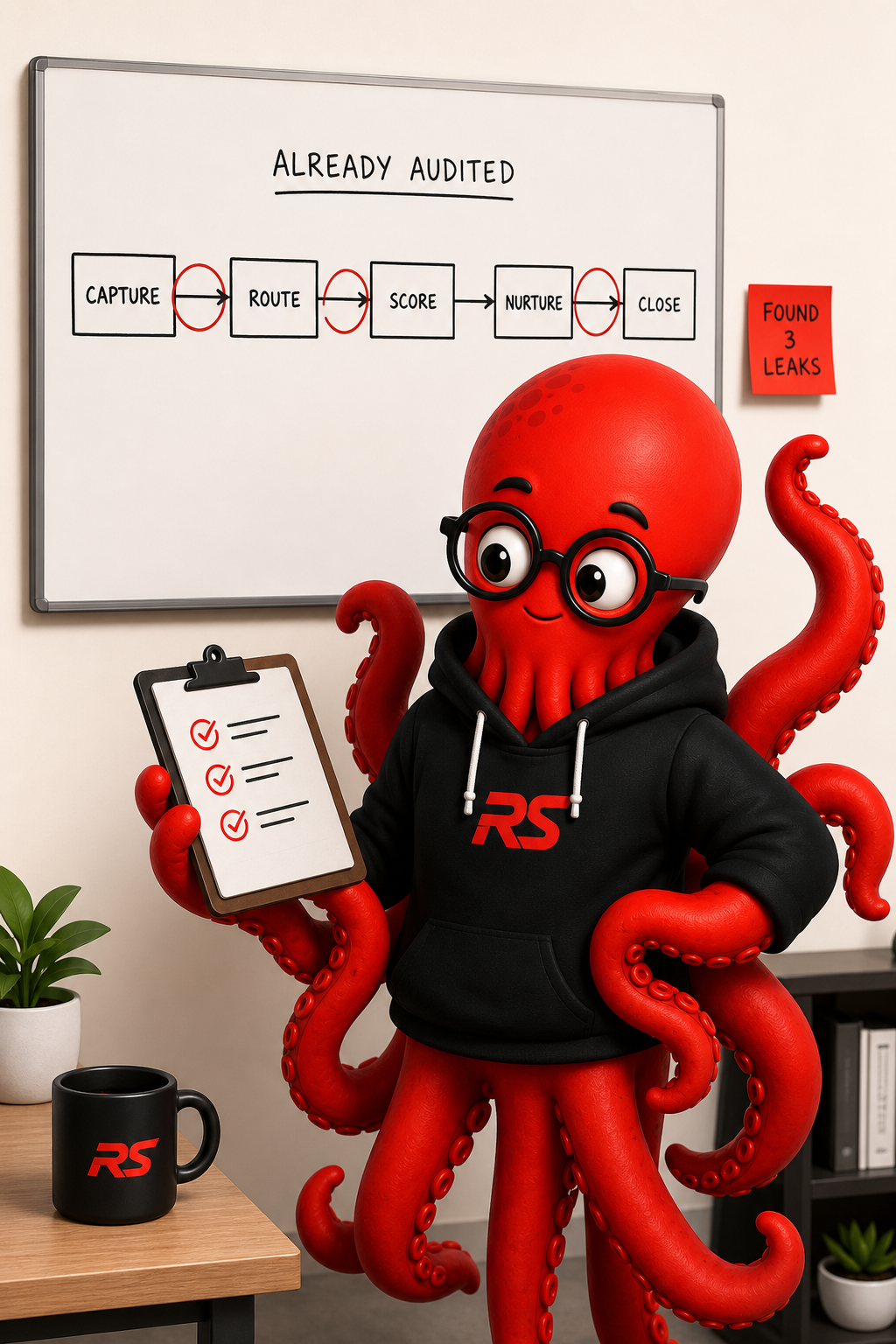 Otto beside an already-audited workflow board, three leaks circled by an outside auditor