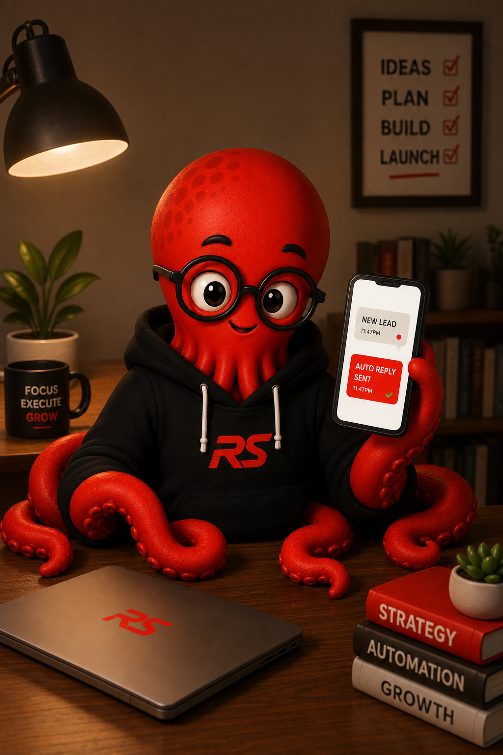 Otto at his quiet desk at 11:47PM, phone showing auto-reply sent to a new lead