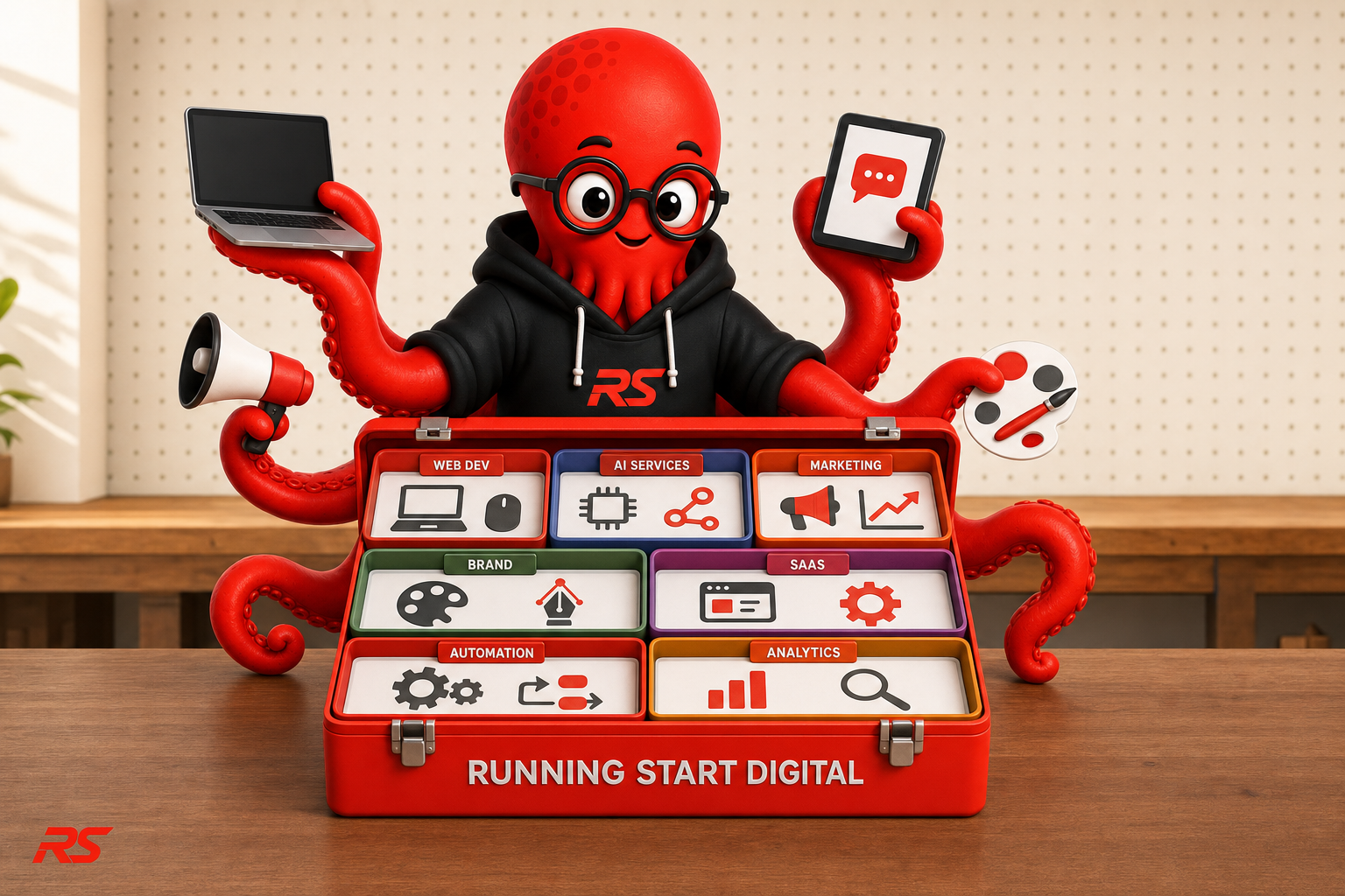 Otto P. Newr behind a workbench opening a giant red Running Start Digital toolbox, with seven labeled trays of service category tools